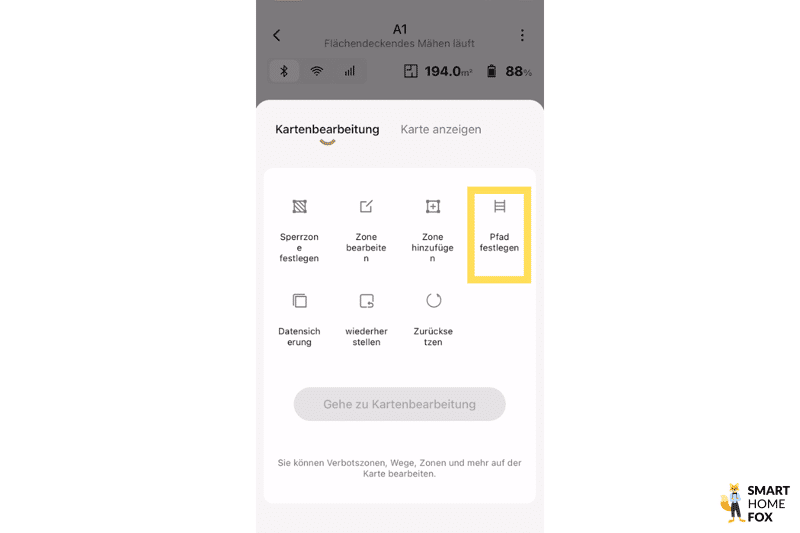 Die DreameHome App zeigt die Erstellung von Sperrzonen und Gartenverbindungen mit dem Dreame A1 Mähroboter.